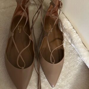 $675 Aquazzura Women's Christy Lace-Up Flats - Tan/Beige